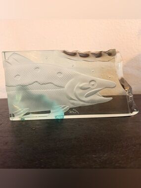 Jerry Perrett Aqua Blue Green Glass FISH Salmon Wave Carving Etched & Signed